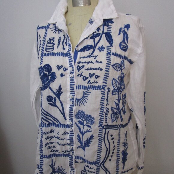 Embroidered Classic Shirt White Ramie Royal Blue - Picture 2 of 14